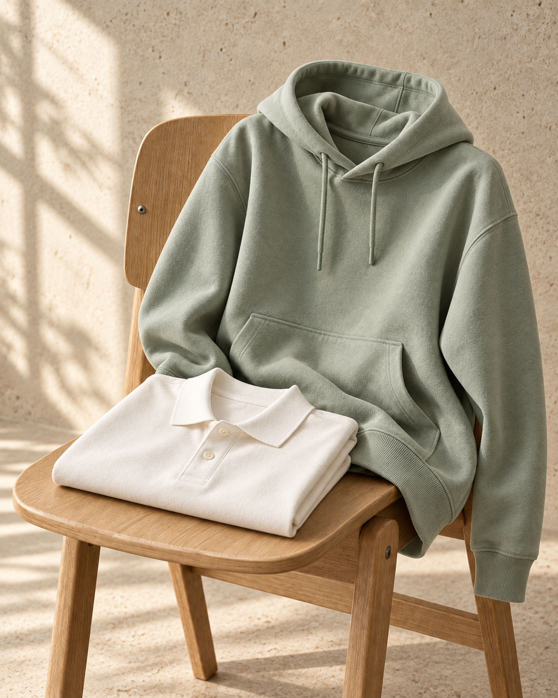 Hanorac verde pastel și polo crem pe scaun — NOVRI Signature